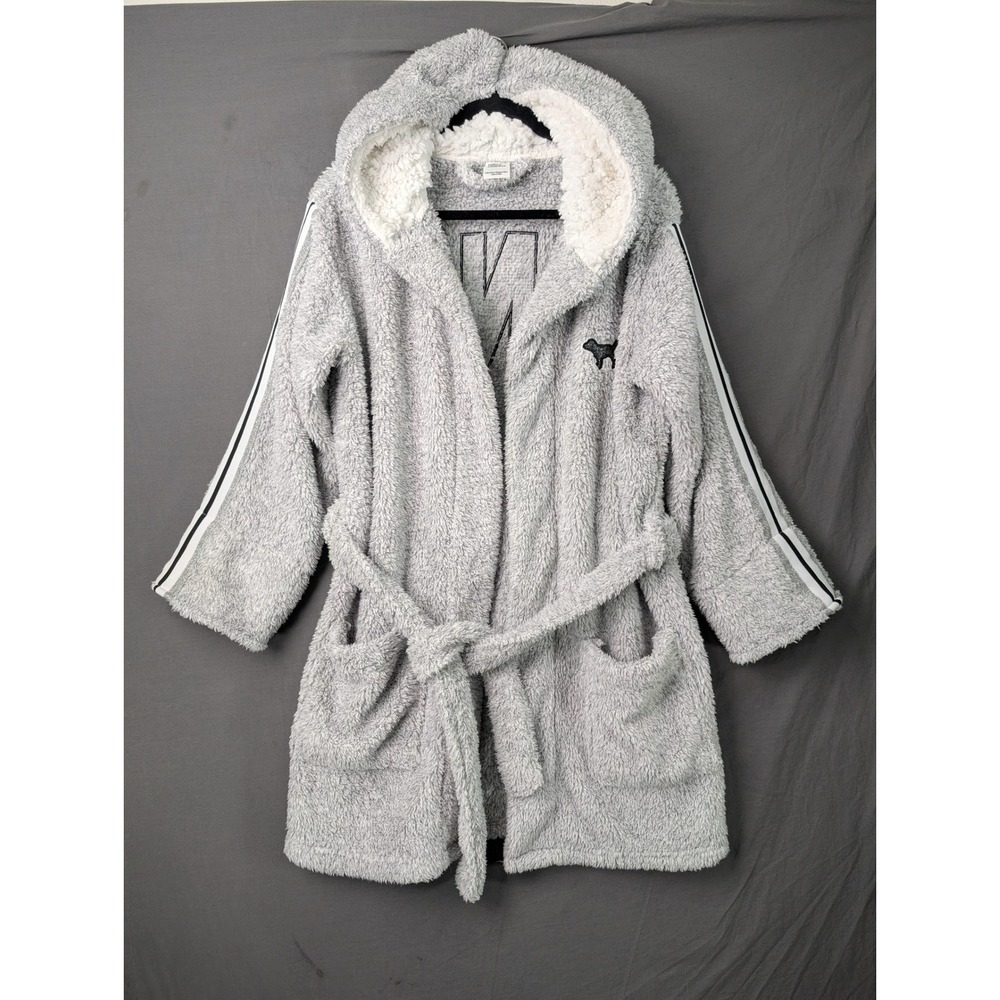 Pink‎ Victoria Secret Gray Sherpa Fleece Hooded Robe XS S Glitter Logo